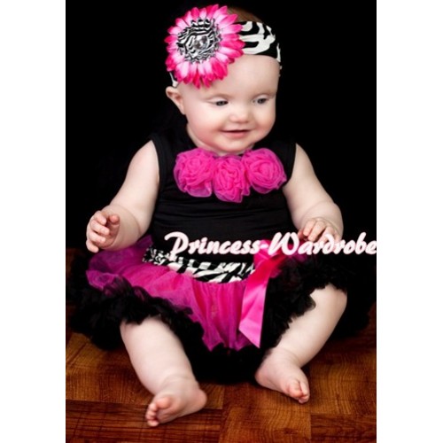 Black Newborn Pettitop & Hot Pink Rosettes with Zebra Waist Hot Pink Black Newborn Pettiskirt NG211 